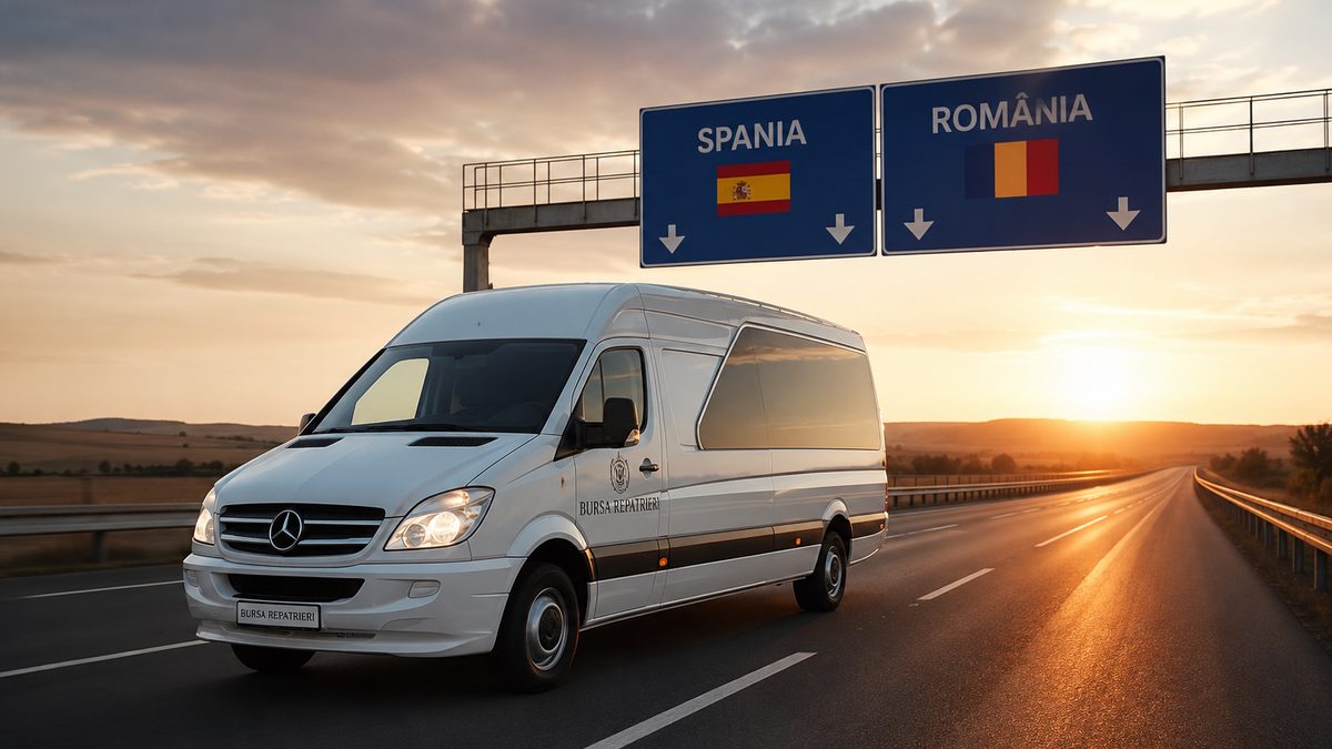 Dubă funerară Bursa Repatrieri pe autostradă, pe ruta Spania — România